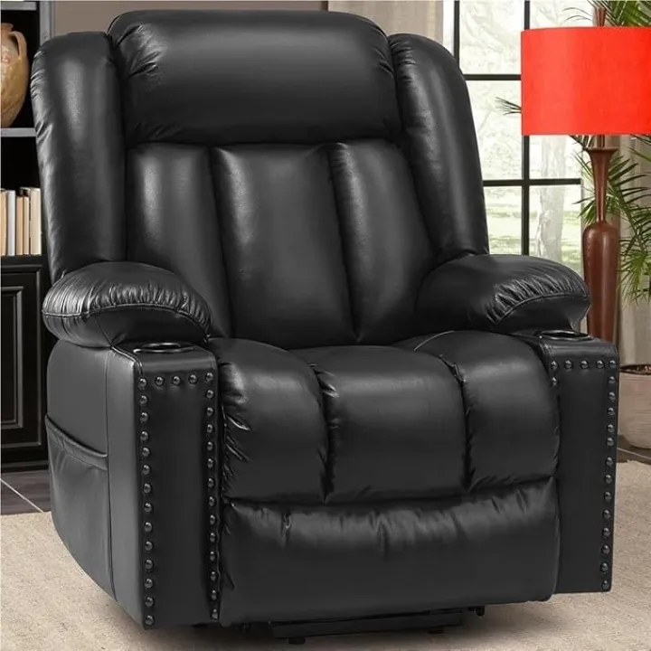 Large Power Lift Recliner Chair for Elderly with Heat and Massage Leather Electric Recliner Sofa Ergonomic Home Theater Seating Comfortable Lounge Chair for Living Room with Cup Holders