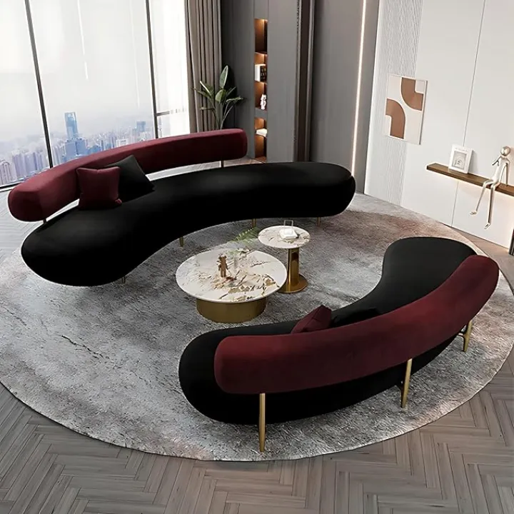Modern Faux Leather Sofa Set Ergonomic Accent Couch with Unique Shape, Solid Wood Frame - High-Density Foam for Living Room, Bedroom, Office, Apartment (Maroon, Two Sofas + Coffee Table)