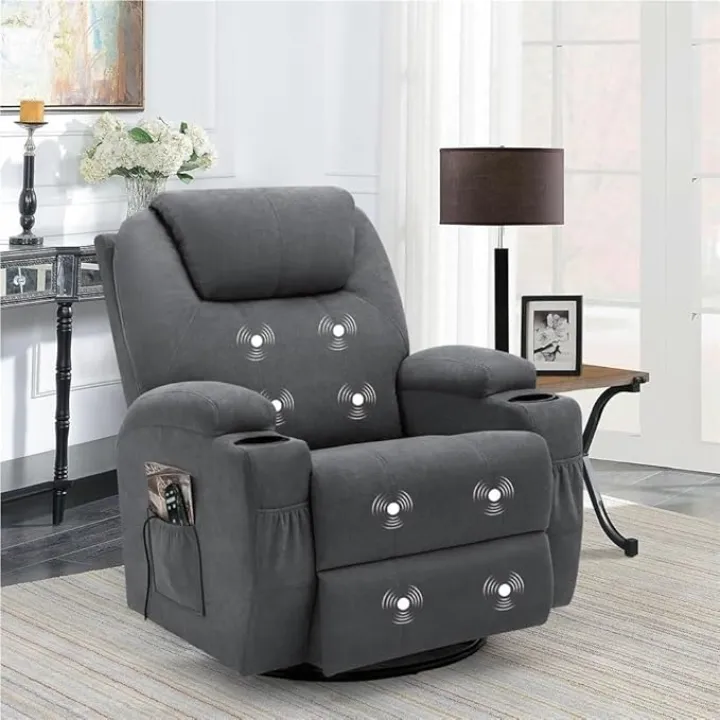 Rocking Recliner Chair with Massage Swivel Modern Ergonomic Recliner Chairs for Adults 2 Cup Holders Side Pockets Home Theater Seating Single Lounge Sofa for Living Room