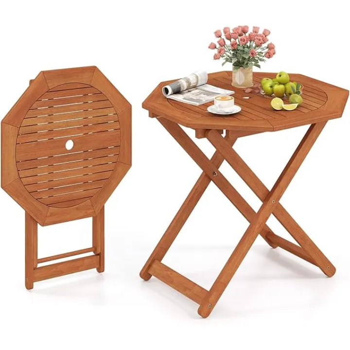 Folding Outdoor Dining Table, Solid Wood Bistro Table with 2" Umbrella Hole, Octagon Foldable Patio Table for Porch Balcony Deck Garden Yard, Teak Oil Finish, No Assembly Needed (1)