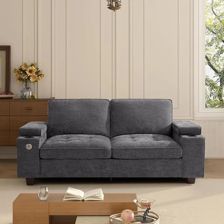 74" Loveseat Couch for Living Room,Modern Chenille Upholstered Sofa with Adjustable Storage Armrest Cup Holders,USB & Type-C Ports,Solid Wood 2-Seater Loveseat Sofa for Apartment(Deep Gray)