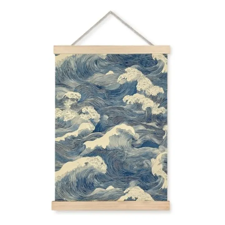 Nipil Blue and White Wave Japandi Poster Hanger Frame, Japanese Room Decor, Abstract Japanese Wabi Sabi Ocean Waves Coastal Beach Hanging Canvas Framed Wall Art Decor for Home, 12x16 Inch