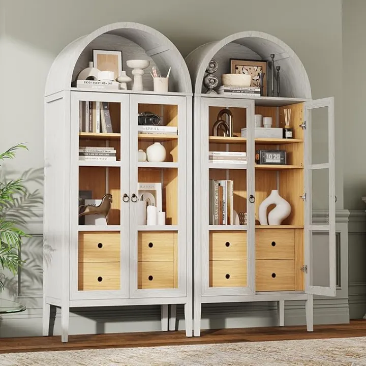 AMERLIFE Set of 2 71" Tall Arched Storage Cabinet with Glass Doors & Drawers, Modern Bookshelf with Adjustable Shelves, Elegant Display Cabinet for Living Room, Kitchen, White Oak