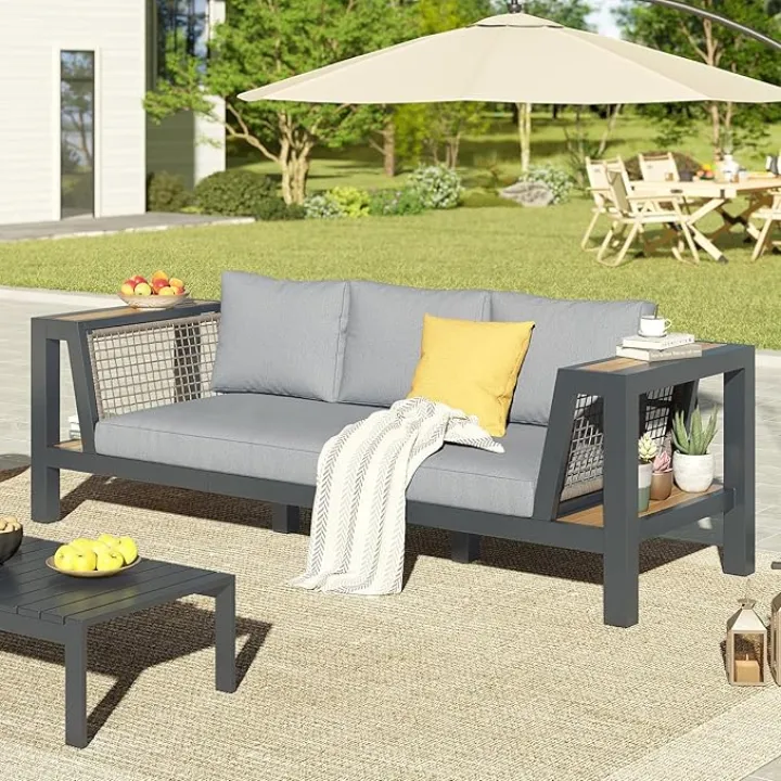 Outdoor Aluminum Patio Sofa, 3-Seater Tool-Free Assembly Couch with Side Table Armrest, Deep Seating with Thick Cushions, Weatherproof Backyard Furniture for Porch, Balcony, Deck