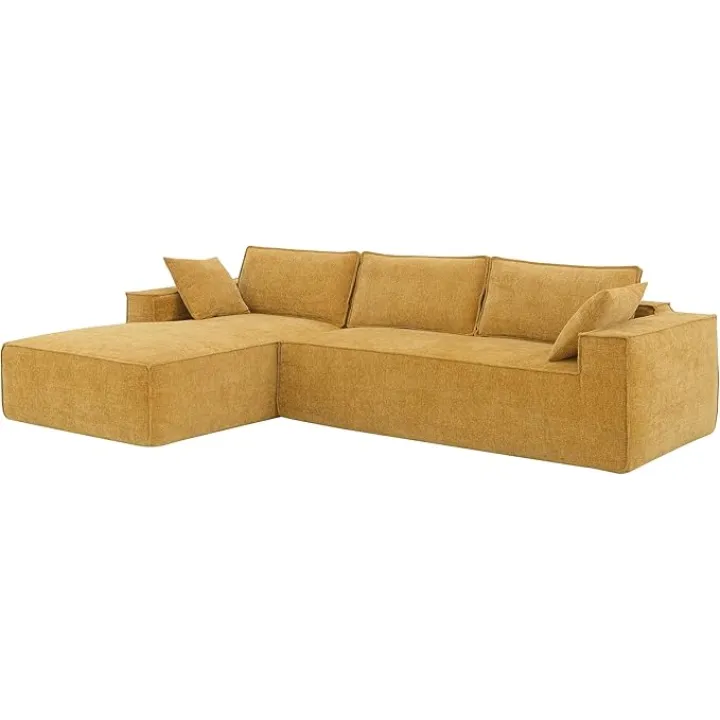 109" Chenille Sectional Couch, Modern L-Shaped Modular Sofa- No Assembly Floor Couch with Spring Cushions & Modular Chaise, Frameless Soft-Edge Design + 2 Reversible Pillows for Living Room, Yellow