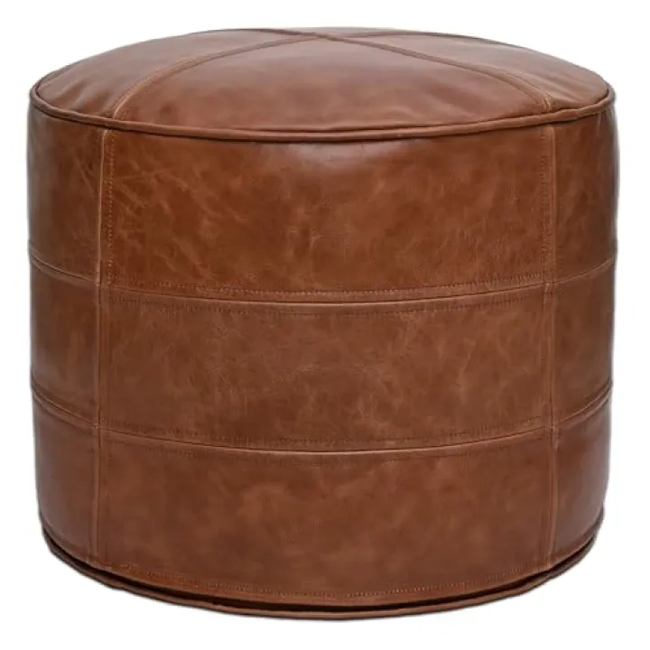 Nova Genuine Leather Pouf – Distressed Brown, 18"x18"x14"