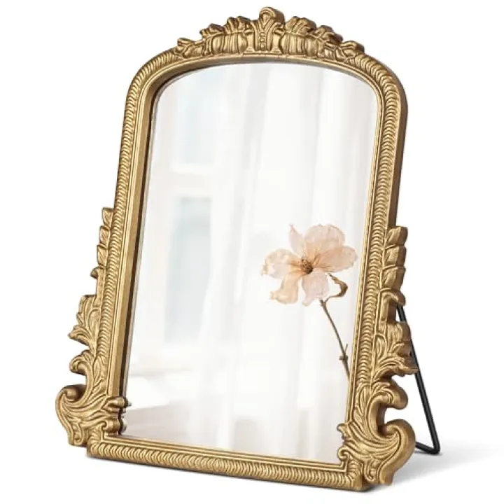 LUYABA Vintage Vanity Mirror with Stand – 11.8"x9.6" Gold Tabletop Makeup Mirror, Arched Decorative Mirror with Carved Engineered Wood Frame for Bedroom, Dresser, Bathroom or Desk