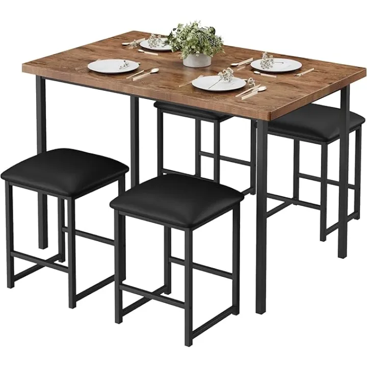VECELO Kitchen Table and Chairs for 4, Dining Room Set with PU Chairs/Stools, Heavy-Duty Metal Frame, Wooden Tabletop, Space-Saving Design for Small Spaces, Easy Assembly, Classic Brown