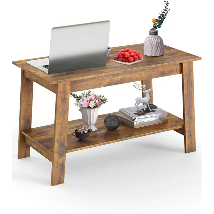 IDEALHOUSE Coffee Table, Rustic Coffee Tables for Living Room, Home Office, Bedroom, Wood Living Room Tables with 2-Tie Open Rectangular Storage Compartment, Brown