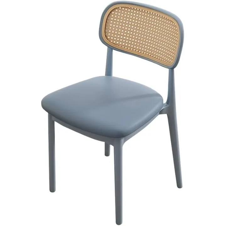Stackable Plastic Dining Chair with Woven Backrest and Modern Faux Leather Cushion Grey (Blue)