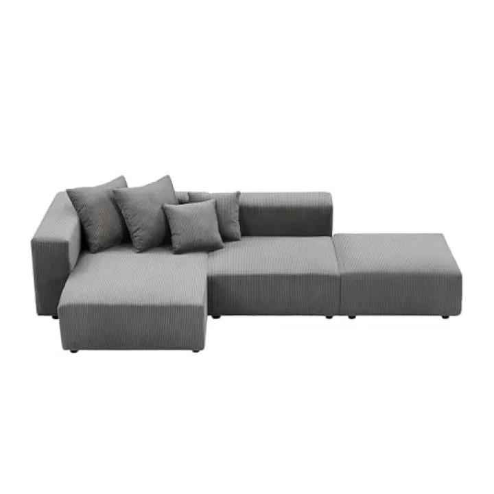Soft Corduroy Sectional Modular Sofa Set, Small L Shaped Chaise Couch for Living Room, Apartment, Office, Gray