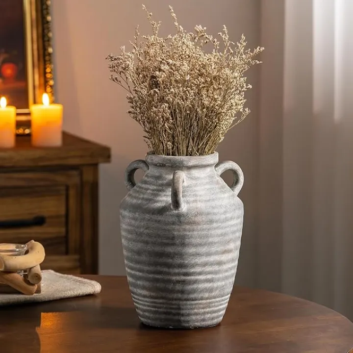 Black Terracotta Ceramic Vase with Handles, Vintage Rustic Pottery Vases for Table Centerpiece, Cottage Core Home Decor, Large Flower Vases for Bouquet Entryway Mantel Bookshelf Living Room 8.9 Inch