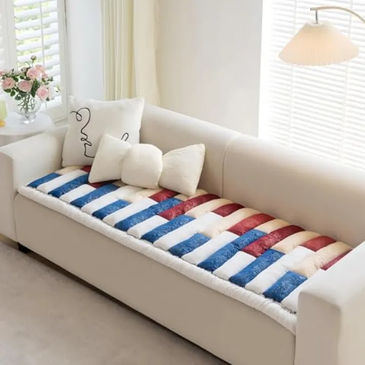 AEEISHOMEREFORM Couch Covers for Dogs Washable, Non-Slip Sofa Protector, Pet-Friendly 3-Cushion Crystal Velvet Pinstripe Furniture Cover (Blue, 27.6x70.9 inch)