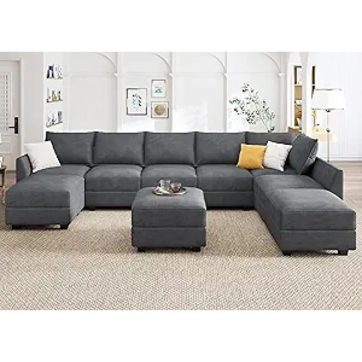 HONBAY Modular Sectional Sofa with Storage Reversible Sectional Modular Sofa Couch with Ottomans U Shaped Couch for Living Room, Velvet Bluish Grey