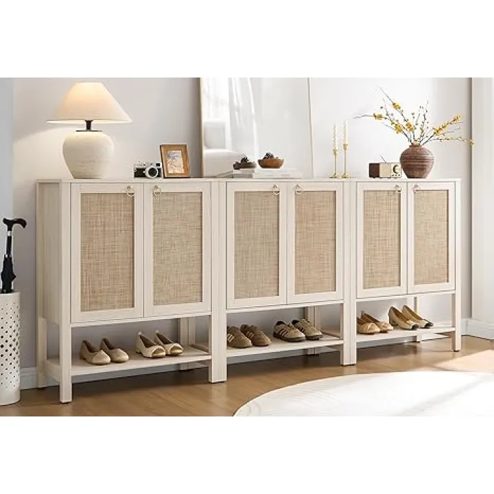 SICOTAS Rattan Shoe Cabinet with Storage - 5 Tier Farmhouse Boho Shoe Organizer Storage Cabinet with Shelves & Doors, Tall Shoe Rack Cabinet for Entryway, Living Room, Closet (White Cream Oak)