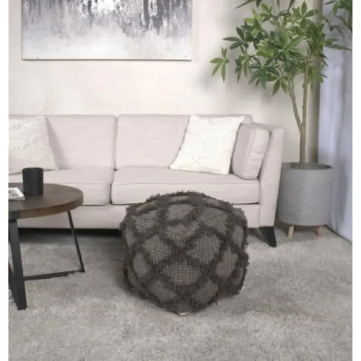 Cozy Jumanji Handcrafted Wool and Cotton Pouf, 16x16x16 Inches, Brown