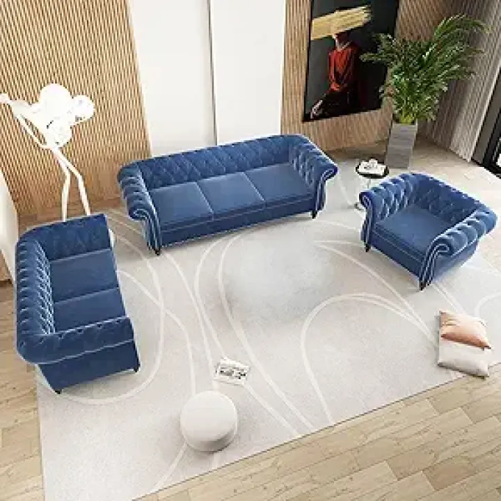 Velvet Sofa Couches Set, 3-Piece Mid Century Modern Upholstered Couch with Cushions, Home Sofa Sectional Furniture Sets, Comfy Tufted Chesterfield Couches for Living Room, Bedroom, Office