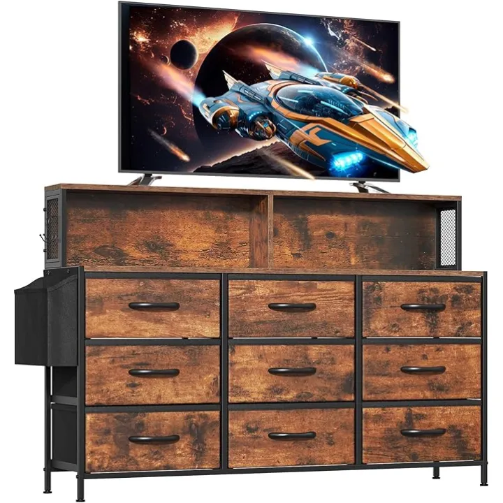 Rustic Brown Dresser TV Stand with 9 Drawers for Bedroom, Fabric Chest of Drawer with Shelves & Side Pockets Sturdy Metal Frame & Wood Top