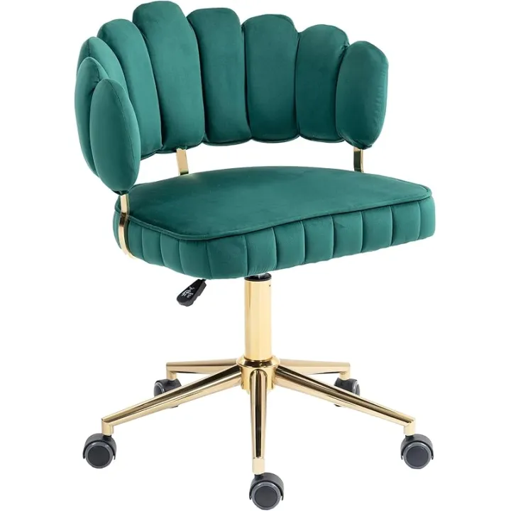 Home Office Velvet Swivel Desk Chair for Children Adults, Living Room Modern Upholstered Leisure Stool on Wheels, Special Petals Backrest Swivel Office Chair for Kids, Height Adjustable,Emerald