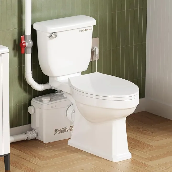 900W Basement Upflush Toilet System, Macerating Toilet with Pump, Head Lift Up to 39.3ft, Included Two-piece Elongated Bowl, 4 Inlets, Top & Side Discharge Macerator Pump, Extension Pipe