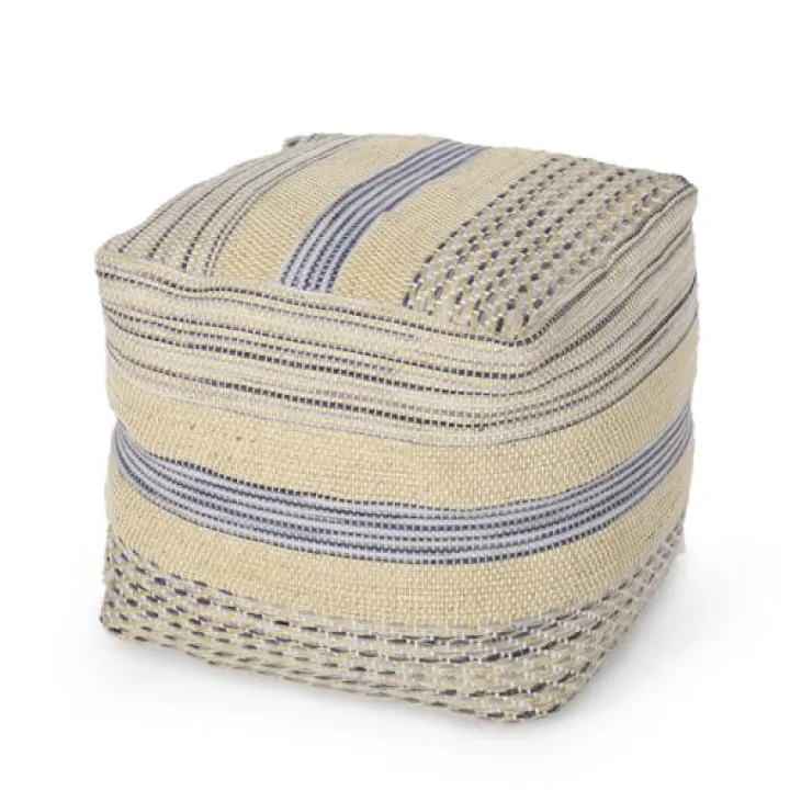 Western Handcrafted Fabric Pouf, Natural and Blue, 16x16 Inches Square, Filled with Polystyrene Beads for Home Decor and Storage