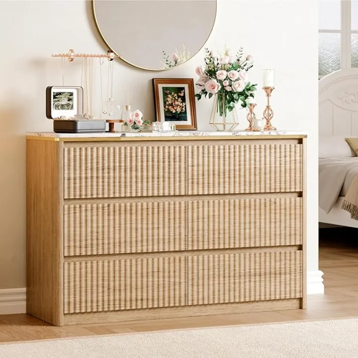 Fluted Dresser for Bedroom with 6 Drawers, 47.2" Modern Chest of Drawers with Faux Marble Top, Curved Profile Design,Dresser TV Stand, Wood Drawer Organizer for Living Room, Hallway, Natural Oak