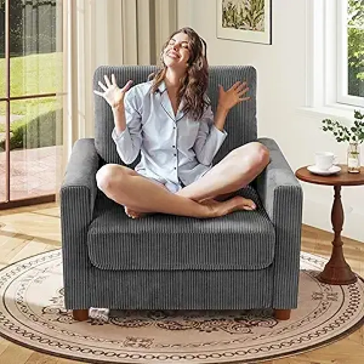 Kidirect 35.5in Corduroy Sofa Accent Chair, Tool-Free Setup Living Room Couch Accent Chairs, Reading Chair for Bedroom 22.5in Extra Deep Seats, Comfy Arm Chairs for Office, All-Wood Reading Nook Grey
