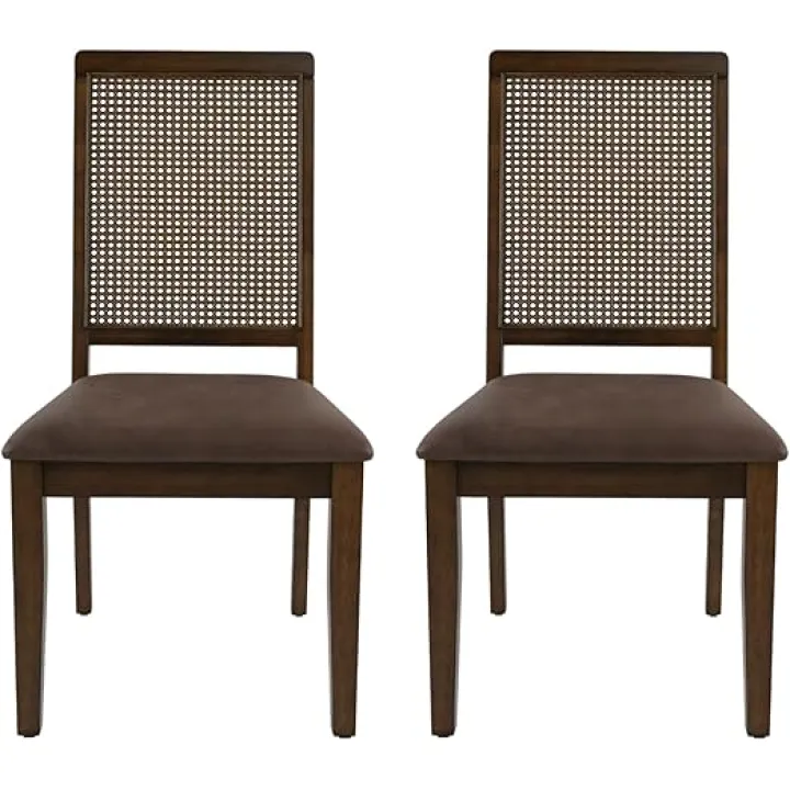 chairus Dining Chairs Set of 2, Armless Kitchen & Dining Room Chairs with High Rattan Back Upholstered Side Chairs with Sturdy Brown Wood Frame for Restaurant, Living Room, PU Leather Brown