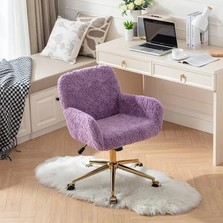 Swivel Office Chair with Golden Metal Base, Vanity Chair with Wheels Comfy Armchair, Artificial Rabbit Hair Desk Chairs, Adjustable Height Cute Home Office Furniture, Violet