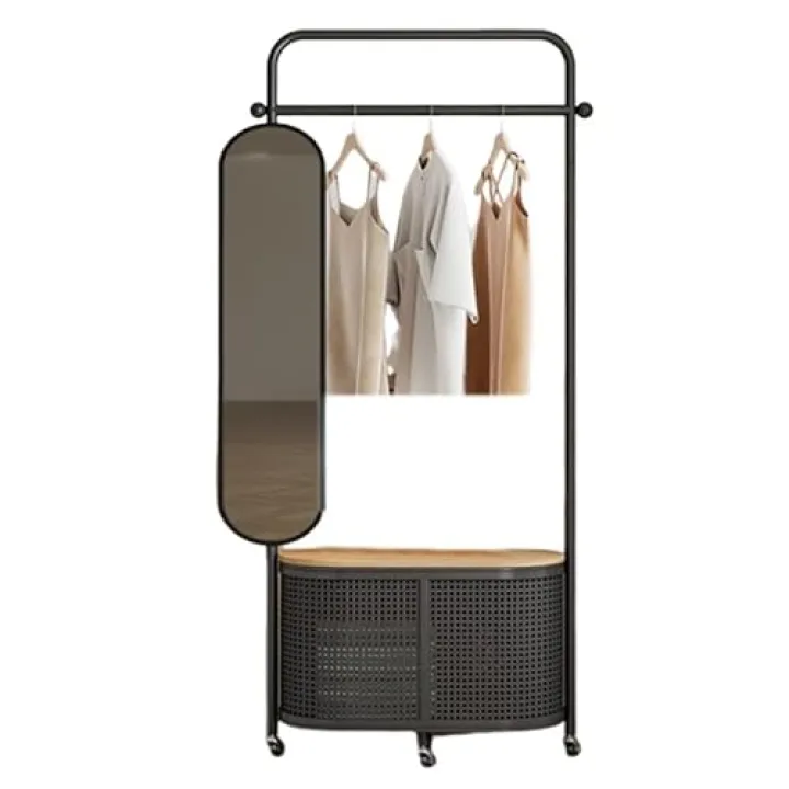 AEYSD-456 Body Length Mirror Full-Length Mirror Coat Rack Floor-Standing Bedroom Dirty Clothes Basket Storage Basket Clothes Rack Floor Mirrors(Black)
