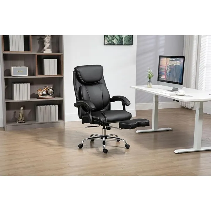 Big and Tall Office Chair, Ergonomic Chair PU Leather High Back with Footrest, Executive Office Chairs for Back Pain Relief, Black Computer Desk Armchair for Gaming