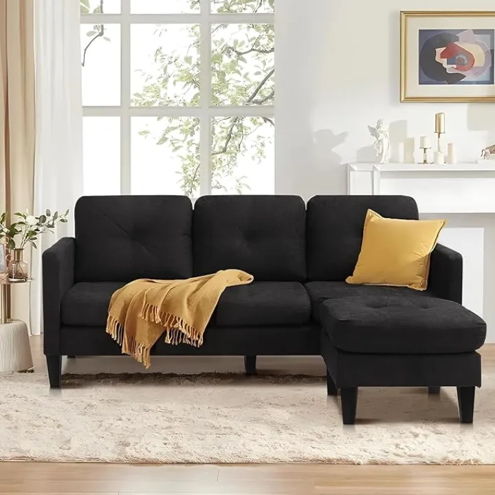 Convertible Sectional Sofa Couch for Living Room, L-Shaped Couch 3 Seats Sofas, Movable Ottoman Small Sofa Mid Century for Small Apartments Space, Living Room and Office (Linen Fabric, Black)