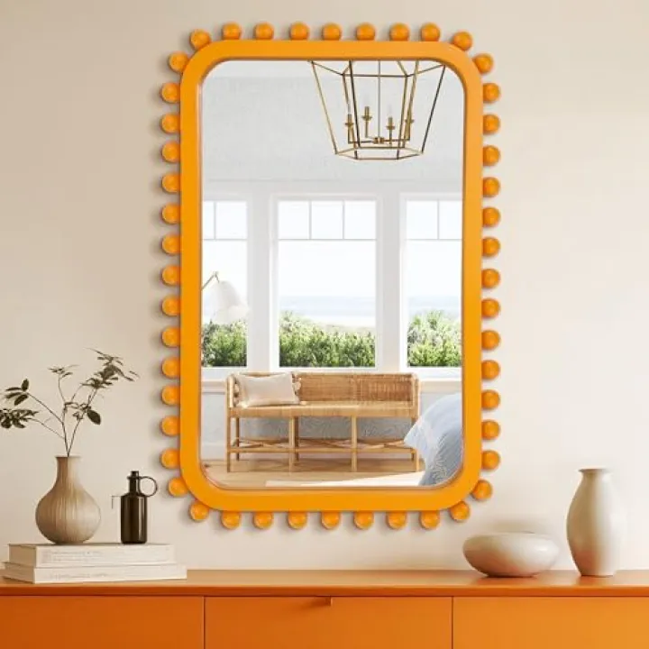 Bathroom Mirror for Wall with Wooden Beaded, 30"x20" Rectangular Solid Wood Vanity Mirror for Farmhouse, Bathroom, Bedroom Decor(Orange)