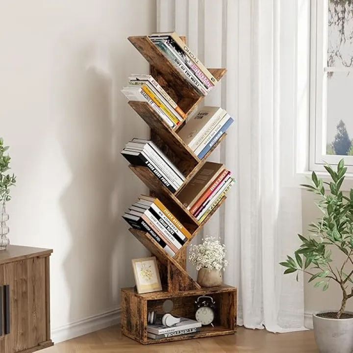 Tree Bookshelf, 6 Tier Small Bookcase with Storage, Wood Tall Narrow Bookshelf Organizer for CDs/Books, Floor-Standing Book Shelves for Bedroom, Living Room, Home Office, Corner, Rustic Brown