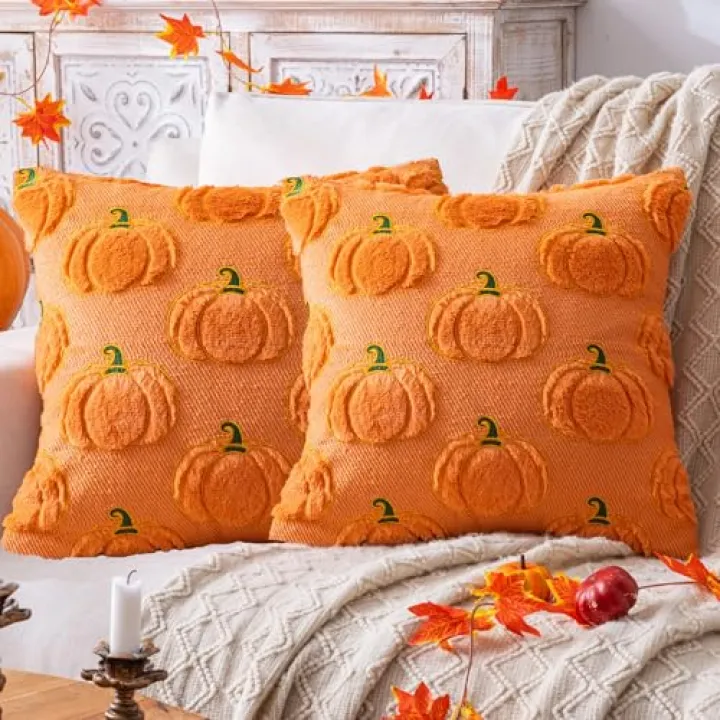 Fall Pumpkin Orange Throw Pillow Covers 20x20, Set of 2 Halloween Decorations Indoor Autumn Throw Pillows for Couch Sofa Holiday Decor