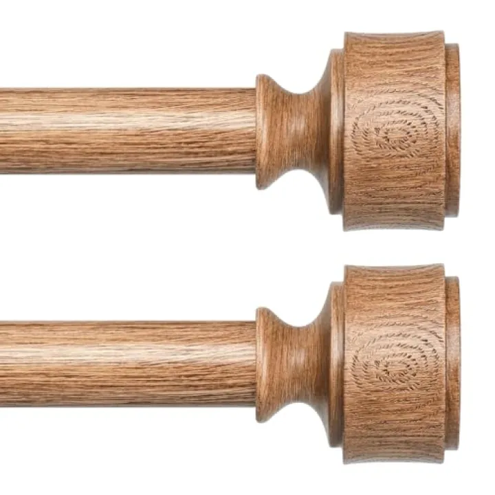 2 Pack Wood Curtain Rods for Windows 48 to 84 Inch, Adjustable Decorative 1'' Heavy Duty Metal Curtain Rod with Modern Faux Wood Grain Finials, Rustic Farmhouse Bedroom Boho Drapery Pole