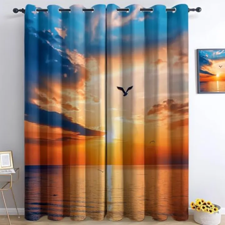 Sunset Over Flying Birds Natural Scenery Blackout Curtains, Yellow Print Grommets Window Curtains, Thermal Insulated Sliding Drapes for Bedroom Living Room Kitchen 36W X 84L Inches Set of 2 Panels