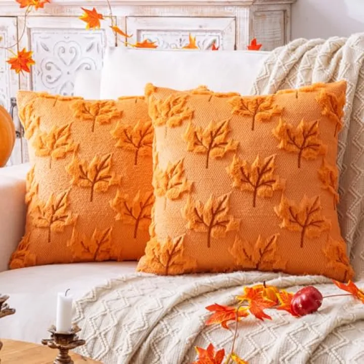 AQOTHES Maple Leaf Fall Orange Throw Pillow Covers 20x20 Inch, Set of 2 Autumn Harvest Holiday Pillows Covers for Couch Sofa Home Thanksgiving Decorations Farmhouse Cushion Covers