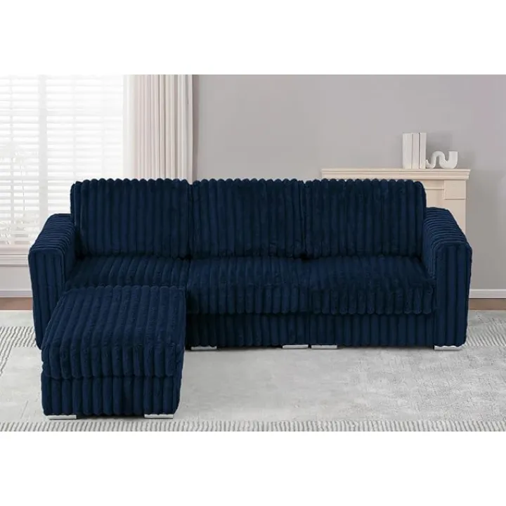 101" L-Shape Corduroy Sofa with Movable Ottoman, Upholstered Seational Sofa with Stable Feet, Deeper 3 Seats Couch with Thickened Seat Cushions for Living Room, Bedroom, Office, Blue