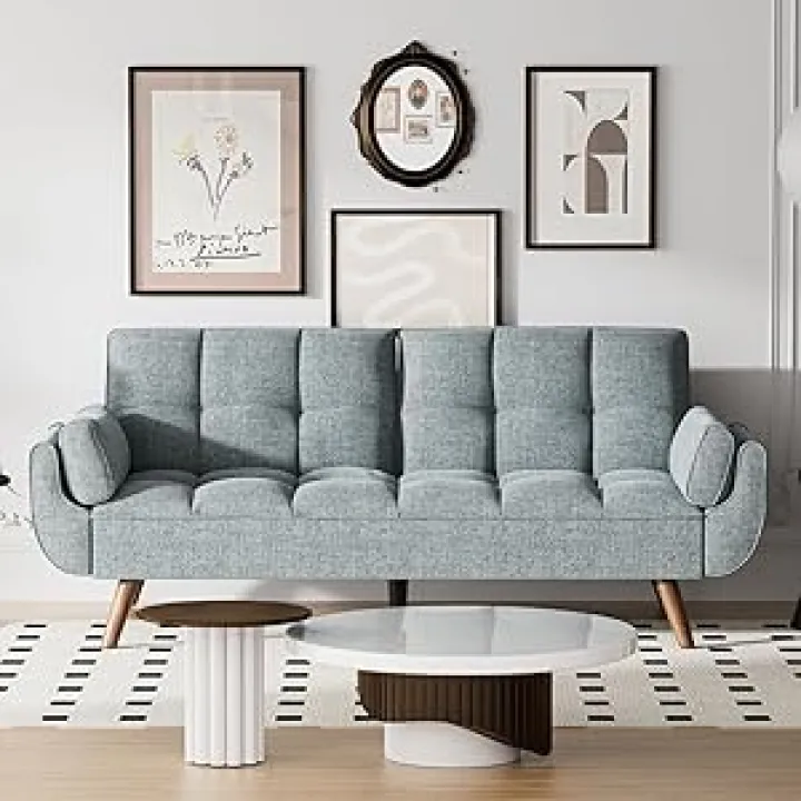 75.4″ Futon Sofa Bed - Convertible Sleeper Couch with Adjustable Backrest, Comfy Loveseat for Small Spaces, Living Room, Bedroom - Grey