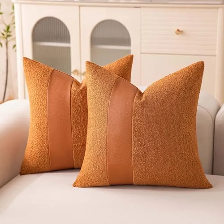 Hompooll Pack Of 2 Tobacco Boucle Pillow Covers 18x18 Inch Textured Faux Leather Decorative Throw Pillows For Couch, Cozy Soft Solid Boho Fluffy Accent Pillowcases For Bed Chair Living Room Home DéCor
