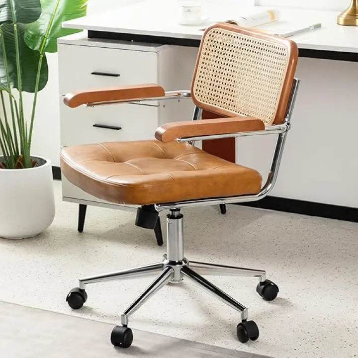 Rattan Office Chairs, Modern Rattan Desk Chair with Natural Back & Wood Armrest, Small Upholstered Tufted Leather Home Office Desk Chairs for Home Office, Bedroom, Study, Black