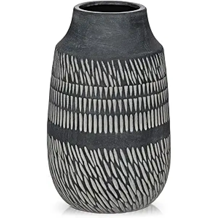9" Textured Vase with Linear Stripe, Rustic Ceramic Vase for Home Office Tabletop Decor, Industrial, Vintage & Farmhouse Style, Slender & Dark Grey