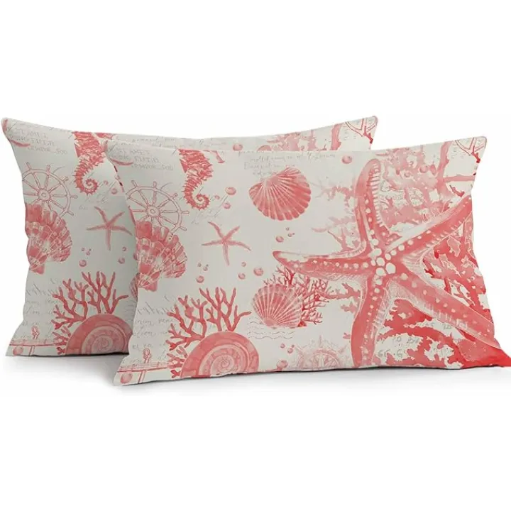 Outdoor Waterproof Throw Pillow Covers Set of 2 Conch Starfish Decorative Pillowcases Lumbar Outdoor Pillows Cushion Case 20x12 Inch Red Shell Seahorse Patio Pillows for Couch Sofa Bed Garden