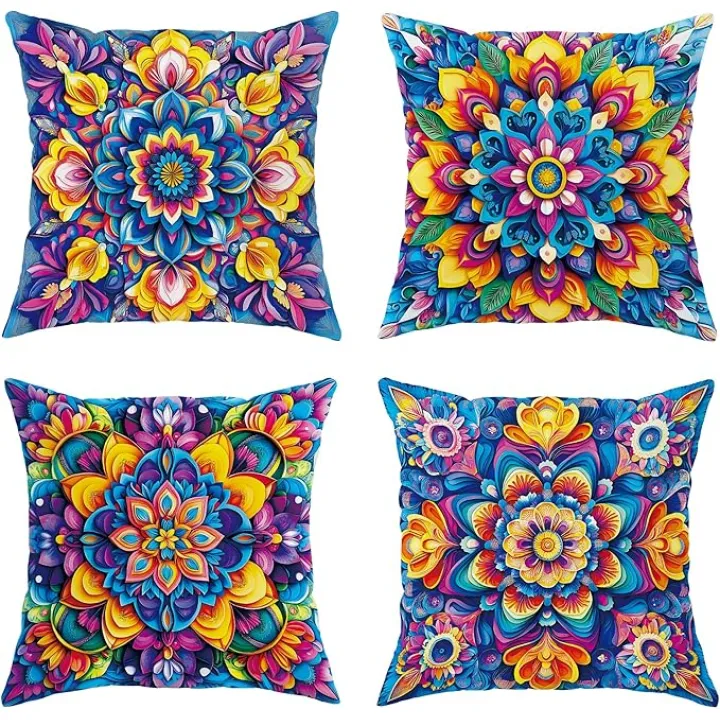 Vibrant Outdoor Pillow Covers, Colorful Floral Design Waterproof Throw Pillow Cases, Summer Garden Decor Cushion Covers for Patio Sofa Bench Chair 16x16 Inch
