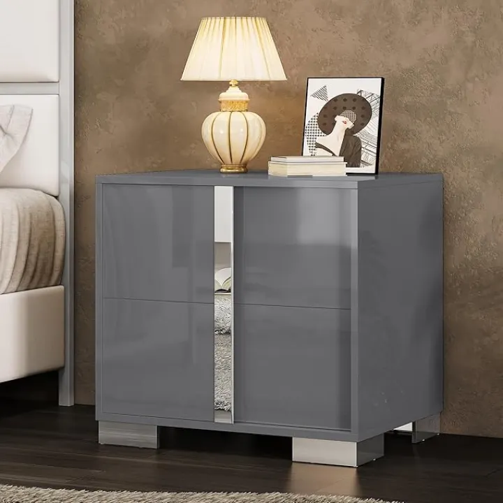AMERLIFE Nightstand, 23.6'' Modern End Table with Drawers, High Gloss UV Finish, Electroplated Pull Handle, Bedside Table for Bedroom, Grey