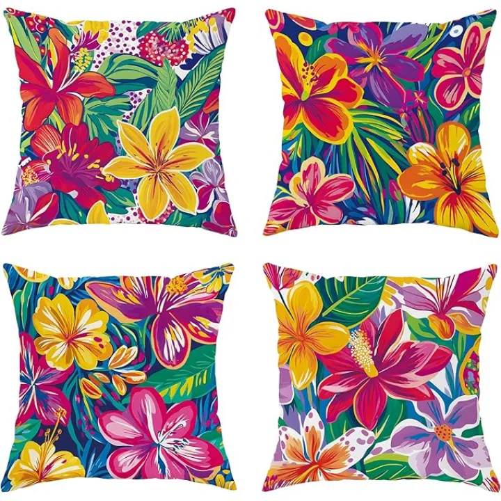 Tropical Floral Outdoor Pillow Covers, Vibrant Colorful Plants Water Resistant Cushion Cases, Summer Bohemian Decor for Patio Garden Sofa Bench Chair 16x16 Inch