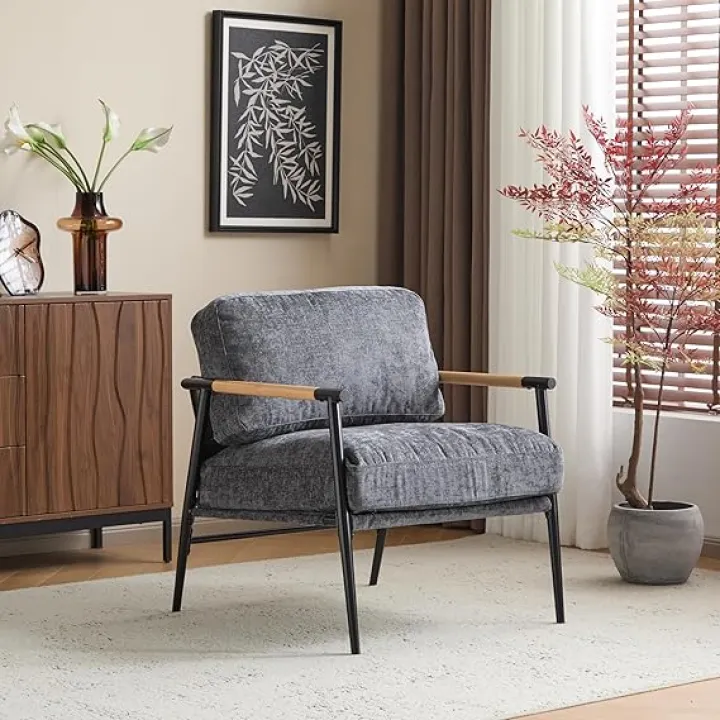 Modern Accent Chair Lounge Arm Chair, Upholstered Armchair with Plush Cushions, Single Chairs with Metal Frame,Wooden Armrest - Perfect for Office,Living Room,Bedroom,Orange