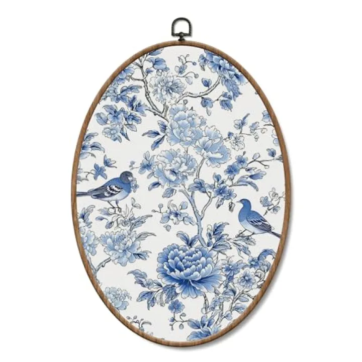 Yorhifa Chinoiserie Floral Bird Framed Wall Art, Grand Millenial Flower Oval Wall Art, Vintage Blue and White Floral Oval Walls Decor, Retro Botanical Canvas Artwork Hanging Decor, 8.5x11.5 Inch