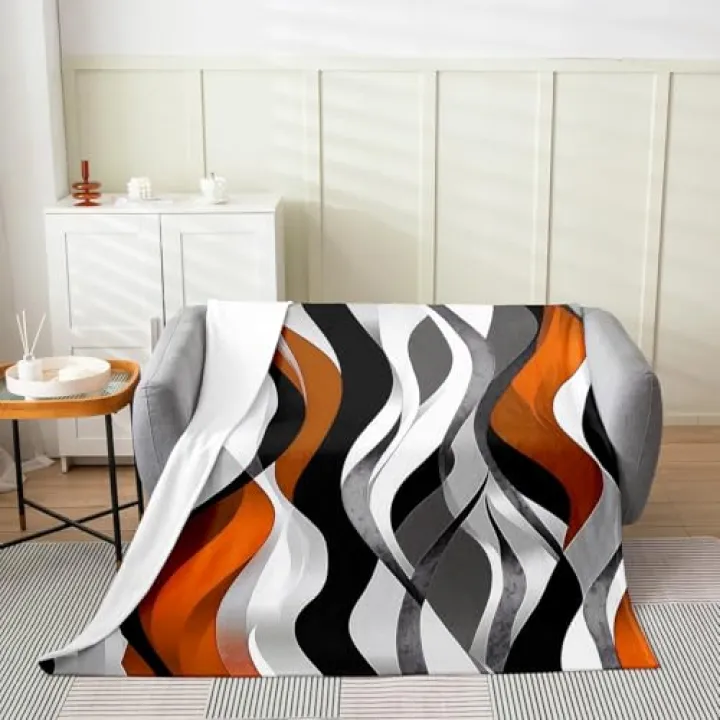 Orange Black Stripes Flannel Blanket,Abstract Geometric Striped Wave Throw Blanket,Modern Fashion Artwork Cozy Throws for Bed Couch Sofa,Simple Soft and Breathable,Throw Size (50 x 60 Inches)